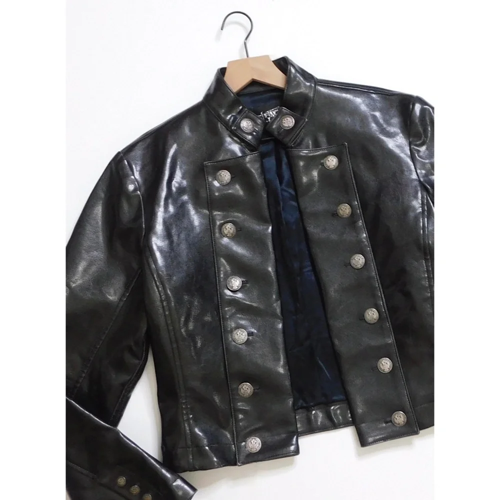 SHRINE OF HOLLYWOOD Faux Leather Jacket‎ Embossed Buttons Vegan Unisex Large